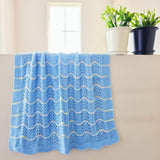 Hand Knitted Baby Blanket - Wave Pattern Blue with Mulit-Colored Trim
