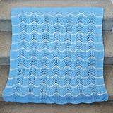 Hand Knitted Baby Blanket - Wave Pattern Blue with Mulit-Colored Trim