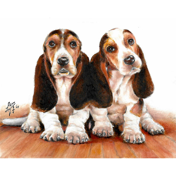 Original Dog Portrait Oil Painting - Basset Hound Duo