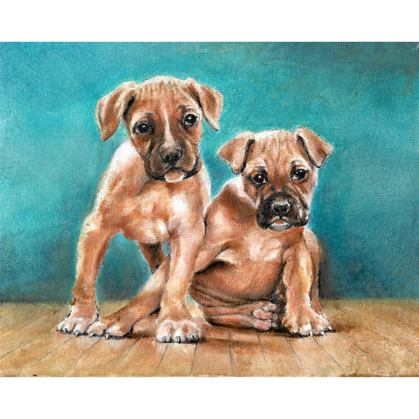 Original Dog Portrait Oil Painting - Boxer Puppy Duo
