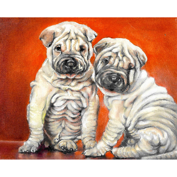 Original Dog Portrait Oil Painting - Shar Pei Puppies