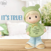 "Sale" Precious Moments - My Grandma Spoils Me Baby Boy in Green Hoodie Porcelain Figurine 223013