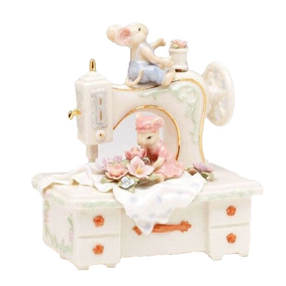 Fine Porcelain Music Box - Mice with Sewing Machine Musical Figurine 58022