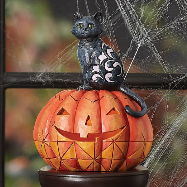 Jim Shore Heartwood Creek - Purr-fect Pumpkin Black Cat on Pumpkin LED Halloween Figurine 6014479