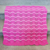 Hand Knitted Baby Blanket - Wave Pattern Fuchsia with Pink Trim