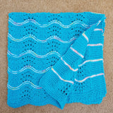 Hand Knitted Baby Blanket - Wave Pattern Turquoise Blue with Mulit-Colored Trim