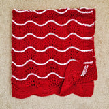 Hand Knitted Baby Blanket - Wave Pattern Red with White Trim