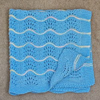 Hand Knitted Baby Blanket - Wave Pattern Blue with Mulit-Colored Trim