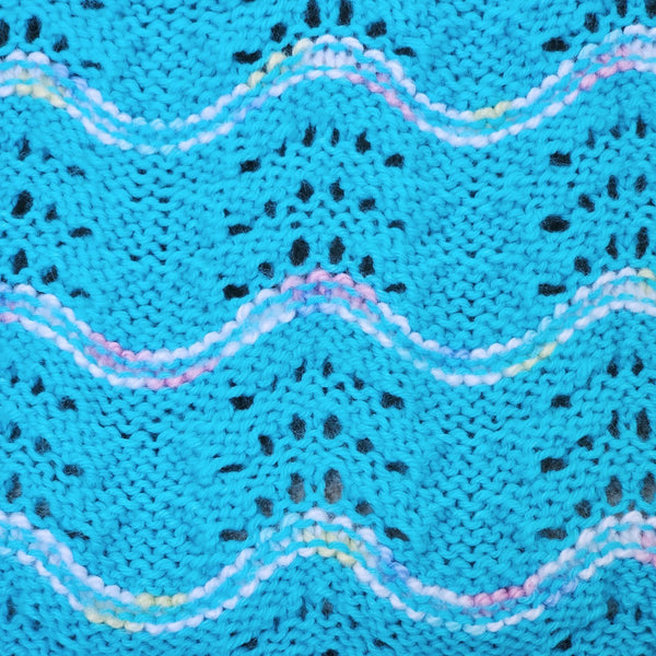 Hand Knitted Baby Blanket - Wave Pattern Turquoise Blue with Mulit-Colored Trim