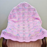 Hand Knitted Baby Blanket - Wave Pattern Pink with Mulit-Colored Trim