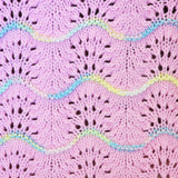 Hand Knitted Baby Blanket - Wave Pattern Pink with Mulit-Colored Trim