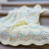 Hand Knitted Baby Blanket - Wave Pattern Cream with Mulit-Colored Trim