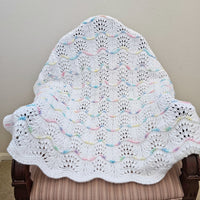Hand Knitted Baby Blanket - Wave Pattern White with Mulit-Colored Trim