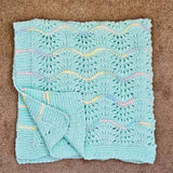 Hand Knitted Baby Blanket - Wave Pattern Pastel Green with Mulit-Colored Trim