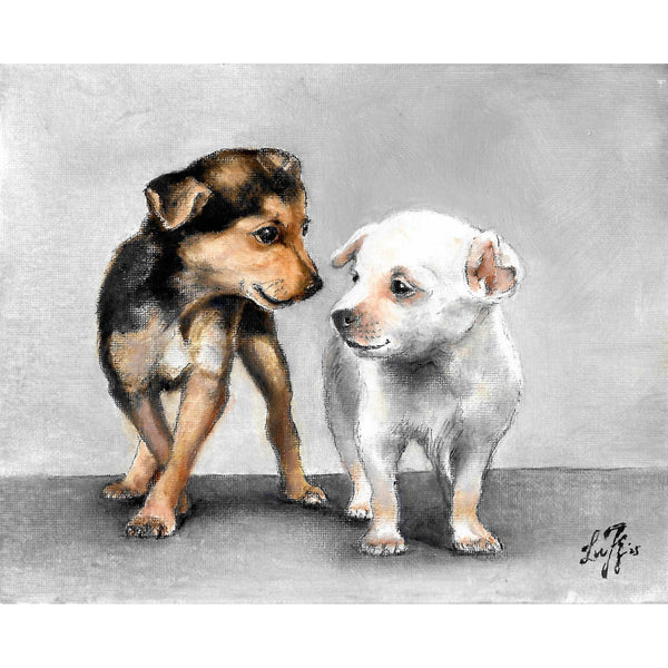 Original Dog Portrait Oil Painting - Puppy Friends
