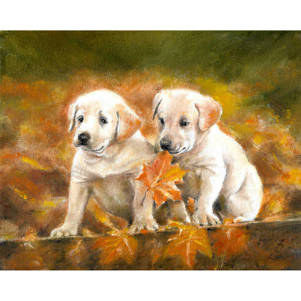 Original Dog Portrait Oil Painting - Labrador Puppies in Autumn Leaves