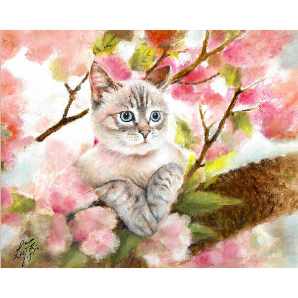 Original Cat Portrait Oil Painting - Grey Tabby with Pink Cherry Blossom
