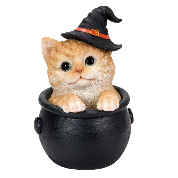 Halloween Kitten - Orange Tabby Cat in Cauldron Figurine
