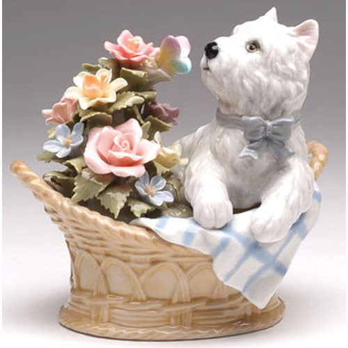Fine Porcelain Music Box - Westie in Flower Basket Musical Figurine 49105