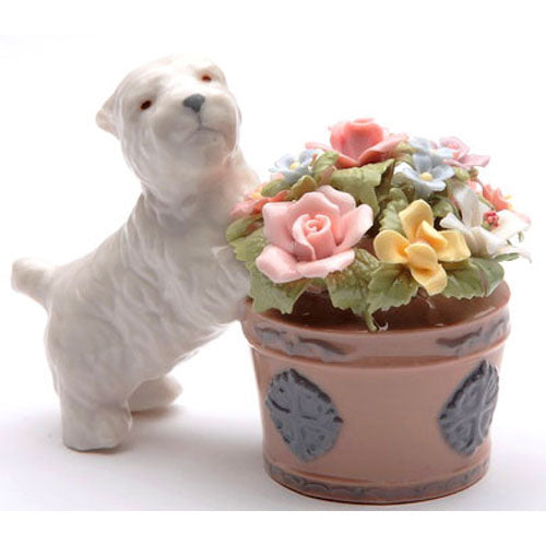 Fine Porcelain Music Box - Westie with Flowers Musical Figurine