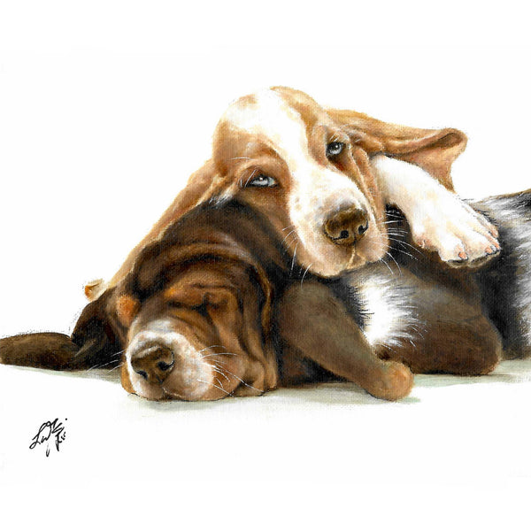 Original Dog Portrait Oil Painting - Basset Hound Puppies