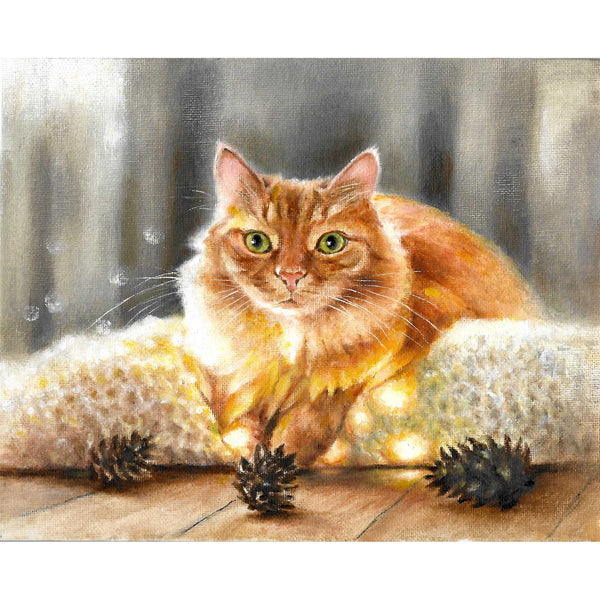 Original Cat Portrait Oil Painting - Orange Tabby Kitten with Pine Cones