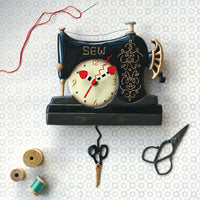 Allen Designs - Vintage Black Sewing Machine Stitch Scissors Crafts Swing Pendulum Wall Clock P1752