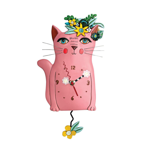 Allen Designs - Pretty Kitty Pink Cat Flower Swing Pendulum Wall Clock P2160