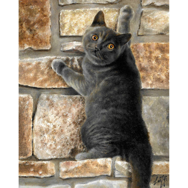 Original Cat Portrait Oil Painting - British Shorthair Blue on Brick Wall