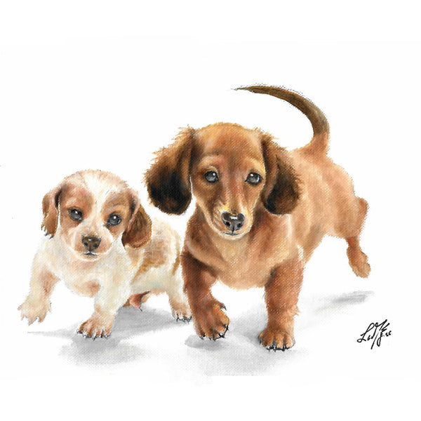 Original Dog Portrait Oil Painting - Miniature Dachshund Puppies