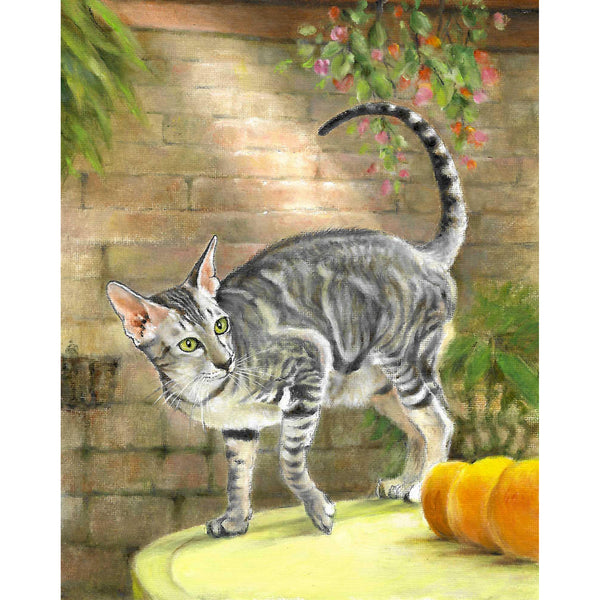 Original Cat Portrait Oil Painting - Oriental Shorthair Silver Classic Tabby in Garden