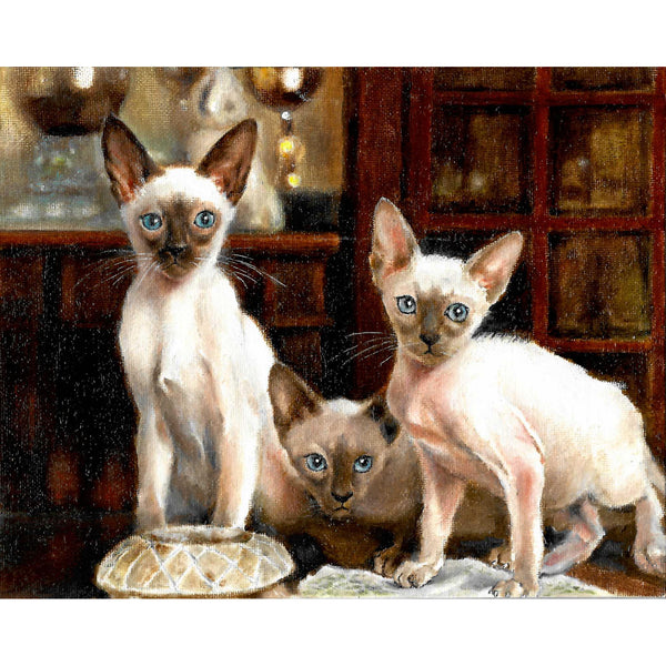 Original Cat Portrait Oil Painting - Three Siamese Cats