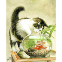 Original Cat Portrait Oil Painting - Cat Playing with Fish